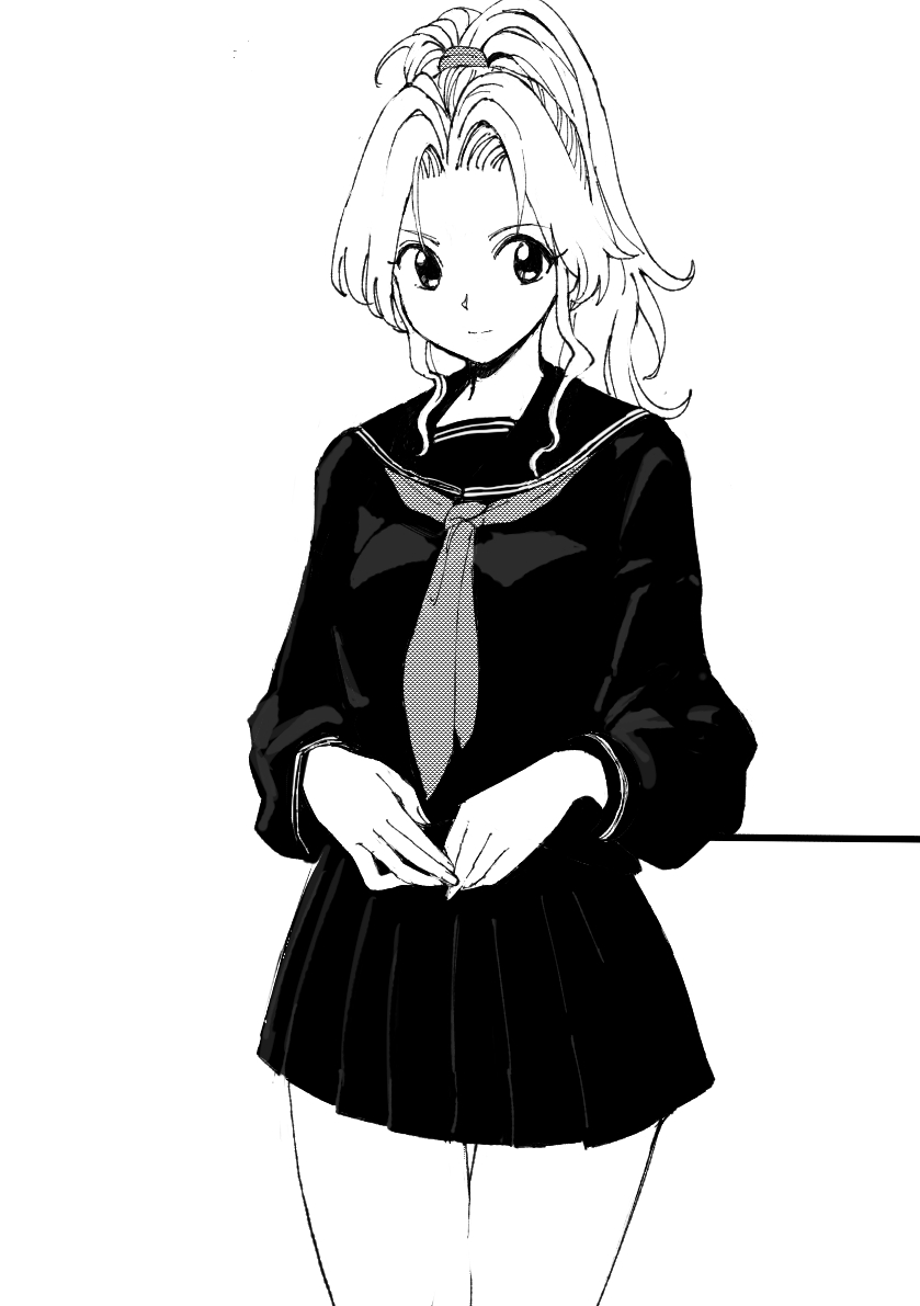 1girl botan_(yu_yu_hakusho) closed_mouth greyscale kajino_(aosansai) long_hair long_sleeves looking_at_viewer monochrome pleated_skirt ponytail school_uniform simple_background skirt smile solo white_background yuu_yuu_hakusho