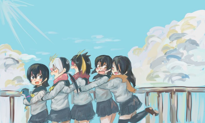 10s 1boy 5girls ^_^ alternate_costume black_hair blonde_hair blush check_commentary closed_eyes commentary commentary_request day emperor_penguin_(kemono_friends) fang gentoo_penguin_(kemono_friends) grape-kun streaked_hair hug hug_from_behind humboldt_penguin_(kemono_friends) kajitsu_ohima kemono_friends long_hair long_sleeves multicolored_hair multiple_girls neckerchief pink_hair pleated_skirt red_hair rockhopper_penguin_(kemono_friends) royal_penguin_(kemono_friends) scarf school_uniform serafuku short_hair skirt thighhighs twintails
