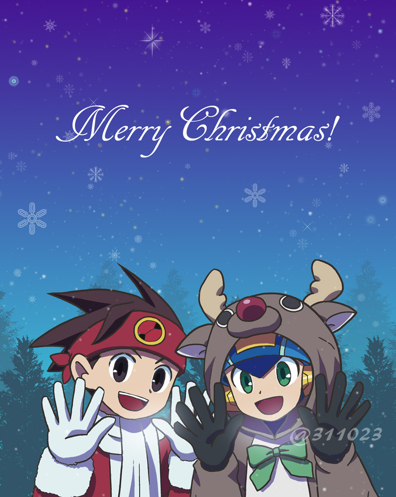 2boys 311023 blue_helmet brothers brown_eyes brown_hair cosplay english_text green_eyes headband helmet lan_hikari_(mega_man) male_focus mega_man_(series) mega_man_battle_network_(series) megaman.exe merry_christmas multiple_boys netnavi red_headband rudolph_the_red_nosed_reindeer rudolph_the_red_nosed_reindeer_(cosplay) short_hair siblings snowflakes twins twitter_username upper_body