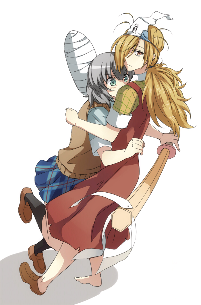 2girls binbougami_ga! black_legwear blonde_hair blue_skirt blush bokken breasts brown_footwear cast commentary dress green_eyes hair_over_one_eye holding long_hair low_ponytail medium_hair messy_hair momiji_(binbougami_ga!) multiple_girls ponytail red_dress sakura_ichiko school_uniform shoes silver_hair single_shoe skirt socks sword triangular_headpiece usamin_(megumikira) weapon white_background wooden_sword yellow_eyes yuri