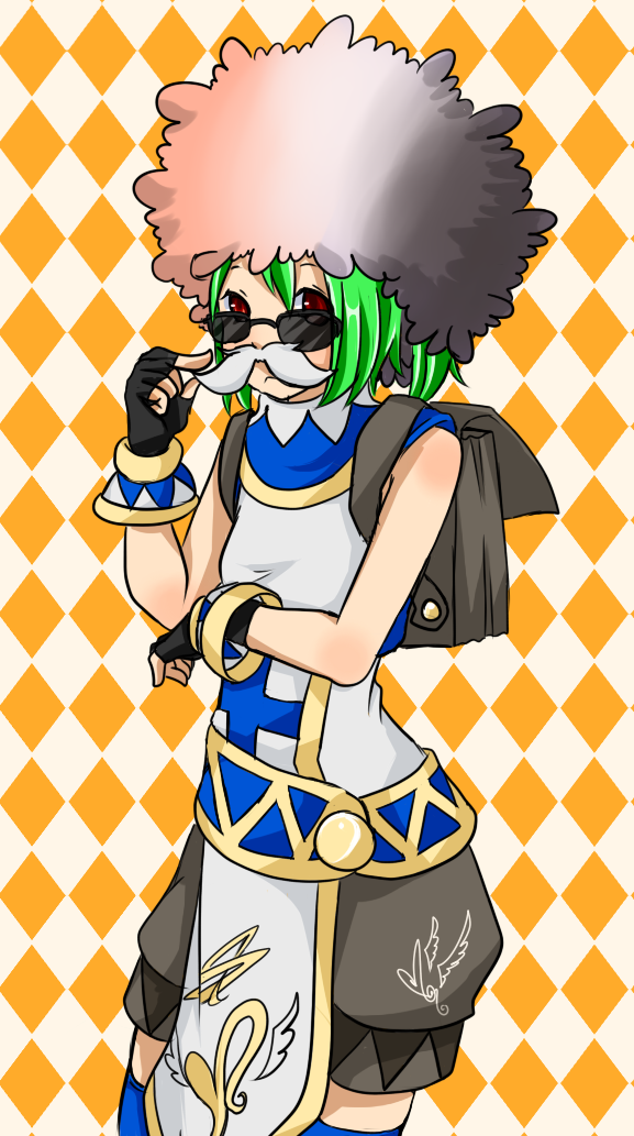 1girl afro black_gloves blue_shirt blue_thighhighs brown_shorts closed_mouth commentary_request cowboy_shot cross cross_print expressionless fake_facial_hair fake_mustache fingerless_gloves gloves green_hair looking_at_viewer looking_over_eyewear meiko_(nattu303) orange_background pelvic_curtain ragnarok_online red_eyes shirt short_hair shorts sleeveless sleeveless_shirt solo sunglasses super_novice_(ragnarok_online) thighhighs turtleneck turtleneck_shirt twirling_mustache two-tone_shirt white_shirt wig