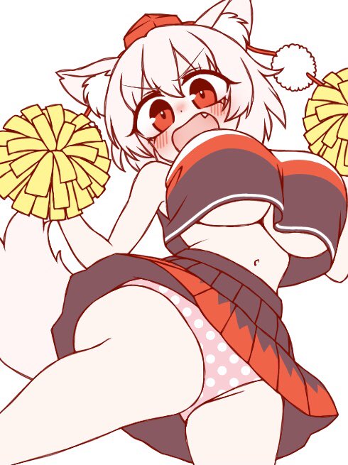 1girl animal_ear_fluff animal_ears black_shirt black_skirt blush breasts cheerleader commentary crop_top fang from_below grey_hair hat inubashiri_momiji ketsumaimo large_breasts looking_at_viewer looking_down navel open_mouth panties pantyshot pink_panties polka_dot polka_dot_panties pom_pom_(cheerleading) pom_pom_(clothes) red_eyes red_hat red_shirt red_skirt shirt short_hair simple_background skirt sleeveless sleeveless_shirt solo tail tokin_hat touhou two-tone_skirt underboob underwear upskirt v-shaped_eyebrows white_background wolf_ears wolf_girl wolf_tail