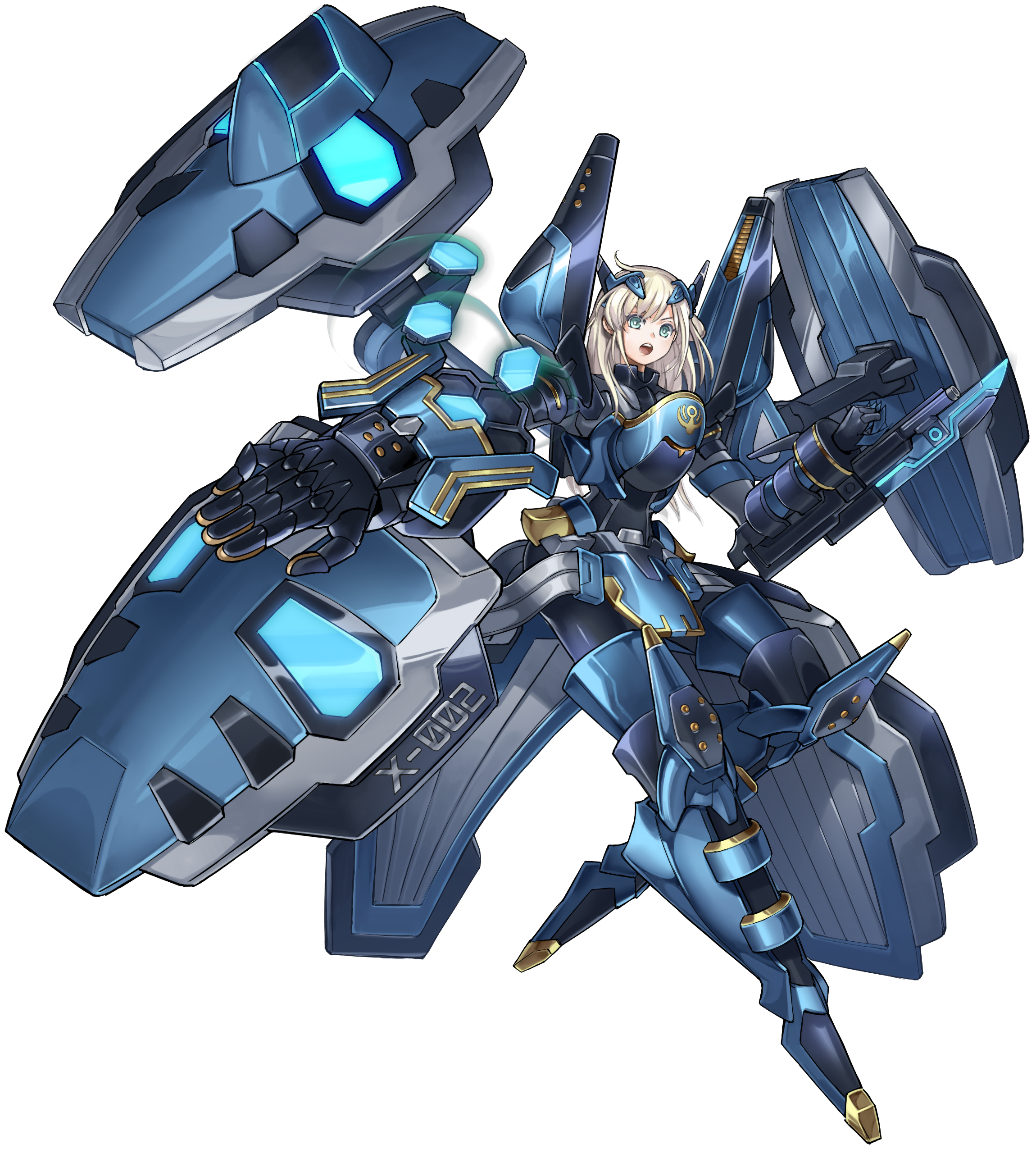 1girl absurdres anonymous_(yu-gi-oh!) blonde_hair duel_monster exoskeleton game_cg green_eyes gunblade highres horns leg_up looking_at_viewer mechanical_horns official_art open_mouth science_fiction shield sky_striker_ace_-_raye sky_striker_ace_-_shizuku third-party_source weapon yu-gi-oh! yu-gi-oh!_master_duel