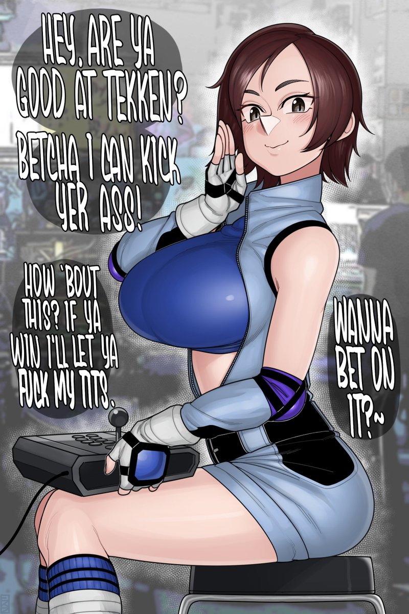 1girl arcade_stick bare_shoulders belt blue_sports_bra breasts brown_eyes brown_hair controller ekz_(robotekz) elbow_pads english_text esports fingerless_gloves game_controller gloves hand_guard highres joystick jumpsuit kazama_asuka large_breasts playing_games short_hair short_jumpsuit shorts smile sports_bra tekken tekken_5 tomboy