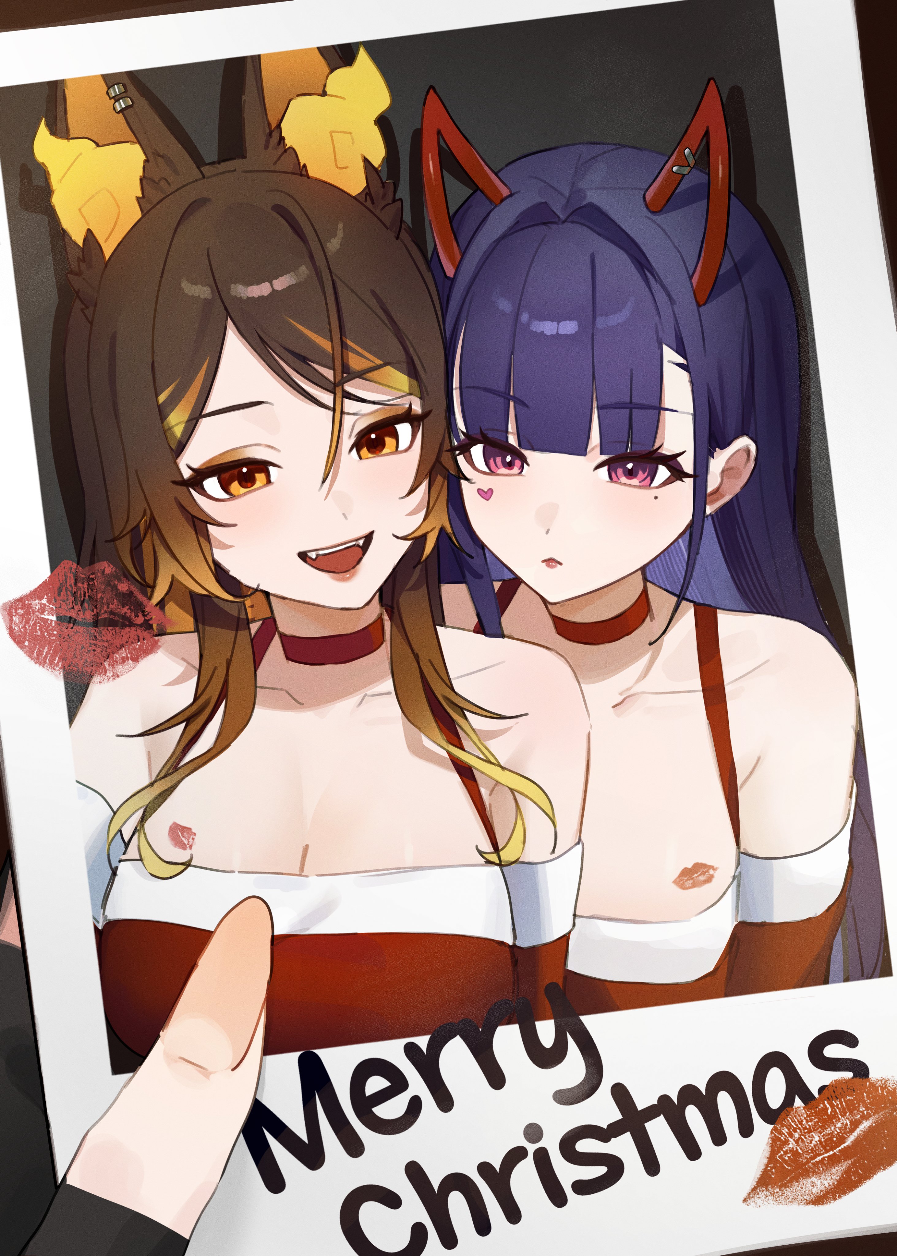 2girls absurdres akuma_nihmune animal_ears bare_shoulders blunt_bangs breasts brown_hair choker cleavage closed_mouth d4kou16 demon_horns detached_sleeves dress facial_mark fiery_ears fingerless_gloves gloves heart heart_facial_mark highres horns indie_virtual_youtuber large_breasts lipstick_mark long_hair looking_at_viewer merry_christmas mole mole_under_eye multicolored_hair multiple_girls open_mouth orange_eyes orange_fire orange_hair polaroid_photo purple_hair red_choker red_eyes santa_costume santa_dress sinder_(vtuber) streaked_hair virtual_youtuber wolf_ears wolf_girl