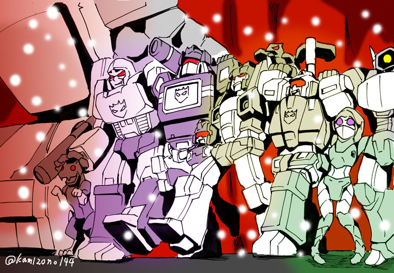 1980s_(style) 1girl 6+boys aircraft airplane arm_cannon artist_name bird blitzwing cannon decepticon eagle energy_gun glowing gun hasbro insignia jet kamizono_(spookyhouse) kekkai_sensen laserbeak machine machinery mecha megatron monocle multiple_boys nightbird_(transformers) oldschool open_mouth outdoors panther personification ravage_(transformers) red_eyes retro_artstyle robot rumble_(transformers) science_fiction shockwave_(transformers) smile snow snowing soundwave_(transformers) starscream transformers trypticon weapon winter