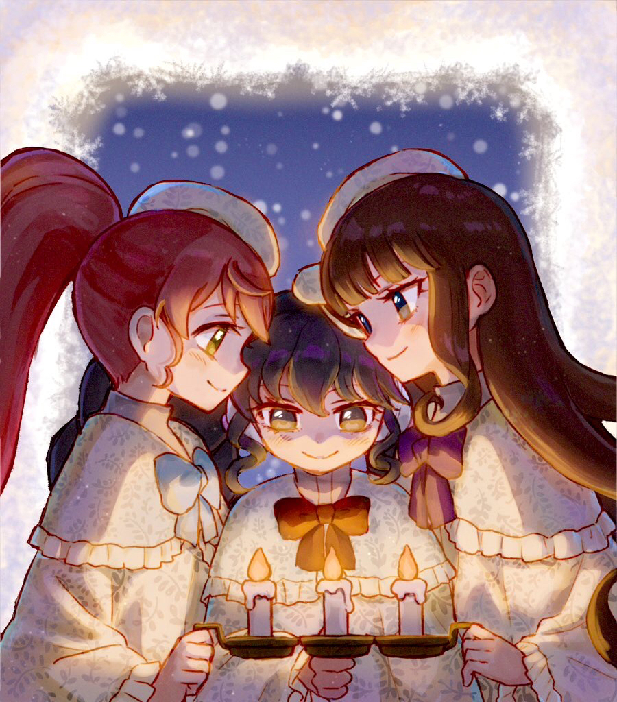 3girls black_hair brown_hair candle candlelight capelet curly_sidelocks gaaruru_(pripara) headphones high_ponytail holding holding_candle jinno_(jin_c_kkry) kurosu_aroma long_hair multiple_girls ponytail pretty_series pripara red_hair shiratama_mikan snowing twintails white_capelet wide_sleeves yellow_eyes