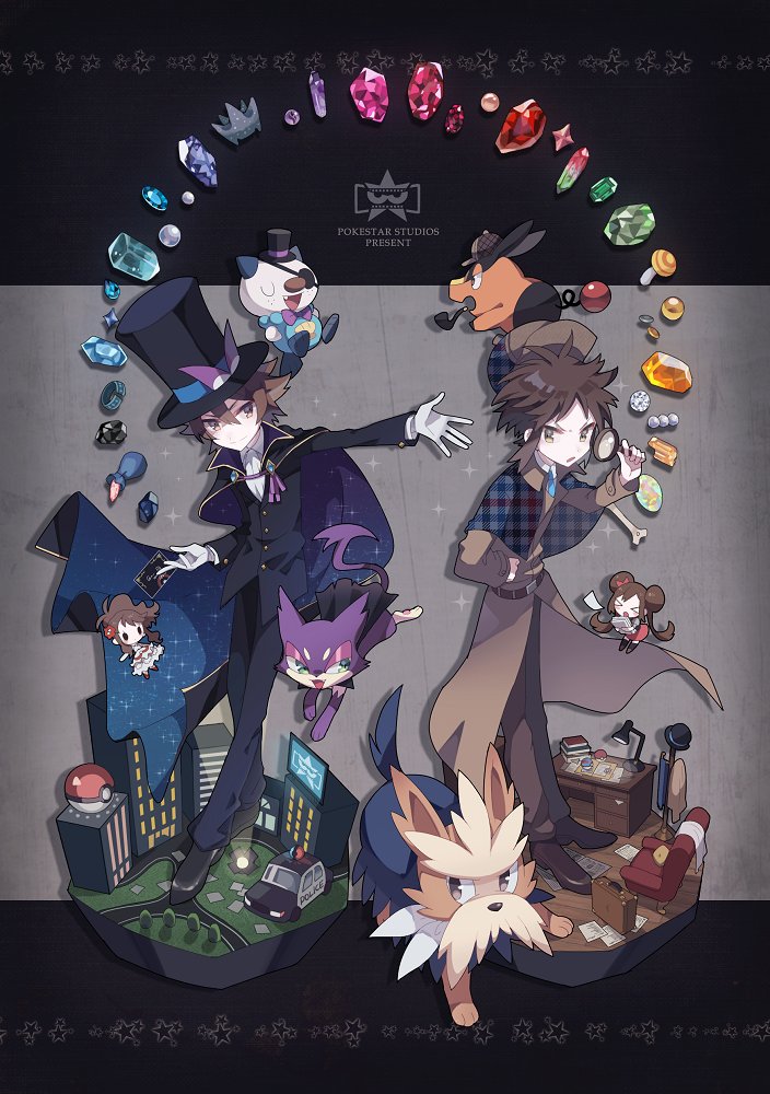 2boys 2girls black_footwear black_headwear black_jacket black_pants brown_coat card closed_mouth coat commentary_request eyepatch gen_5_pokemon gloves hat herdier hilbert_(pokemon) hilda_(pokemon) holding holding_card jacket long_sleeves magnifying_glass multiple_boys multiple_girls nate_(pokemon) nintendo noii oshawott outstretched_arm pants pipe_in_mouth poke_ball poke_ball_(basic) pokemon pokemon_(creature) pokemon_bw pokemon_bw2 purrloin rosa_(pokemon) shoes smoking_pipe star_(symbol) tepig thighhighs top_hat white_gloves