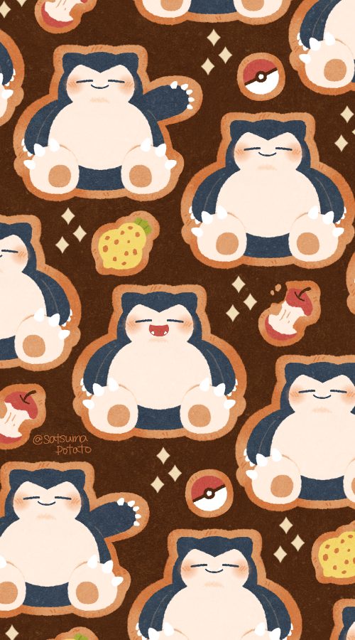 apple arm_up bitten_apple brown_background character_cookie claws closed_eyes closed_mouth fangs food food_bite fruit gen_1_pokemon leftovers_(pokemon) nintendo no_humans open_mouth poke_ball poke_ball_(basic) pokemon pokemon_(creature) satsumapotato snorlax sparkle