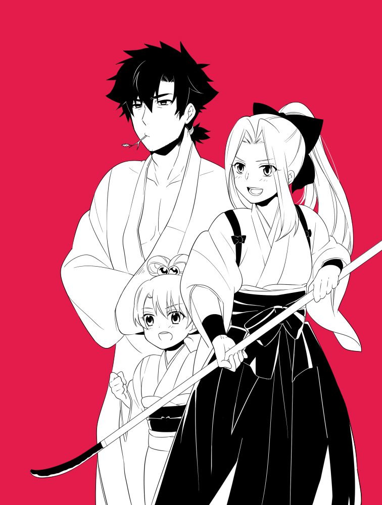1boy 2girls alternate_hairstyle bad_id bad_pixiv_id emiya_kiritsugu family fate/zero fate_(series) hair_bobbles hair_ornament hair_up hakama hakama_skirt illyasviel_von_einzbern instructor_iri irisviel_von_einzbern japanese_clothes kimono long_hair machi_ojisan monochrome mouth_hold multiple_girls naginata official_alternate_costume pink_background polearm ponytail short_ponytail skirt stalk_in_mouth weapon