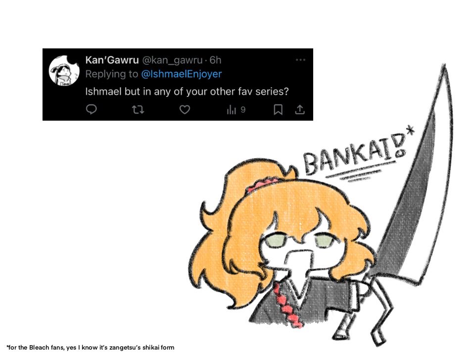 1girl black_kimono bleach chibi cosplay holding holding_sword holding_weapon ishmael_(project_moon) japanese_clothes kimono kurosaki_ichigo kurosaki_ichigo_(cosplay) limbus_company long_hair orange_hair ponytail project_moon request_inset simple_background solo sword weapon white_background yongsa_(ishmaelenjoyer) zangetsu_(shikai)