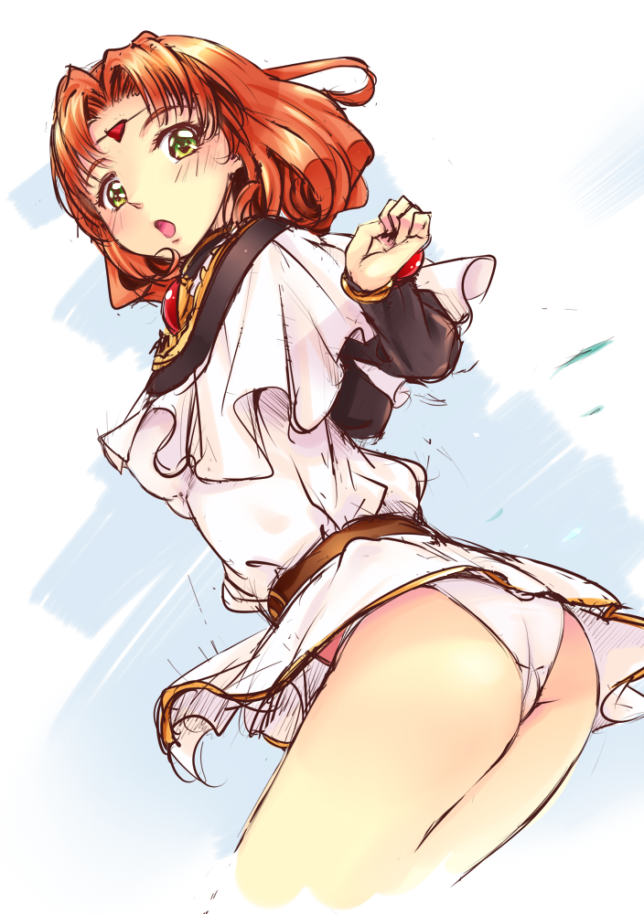 1girl ass blush circlet dragon_knight_(elf) dragon_knight_4 dress female_focus green_eyes katori_(mocchidou) looking_at_viewer natasha_(dragon_knight) open_mouth orange_hair panties short_hair simple_background skirt solo underwear