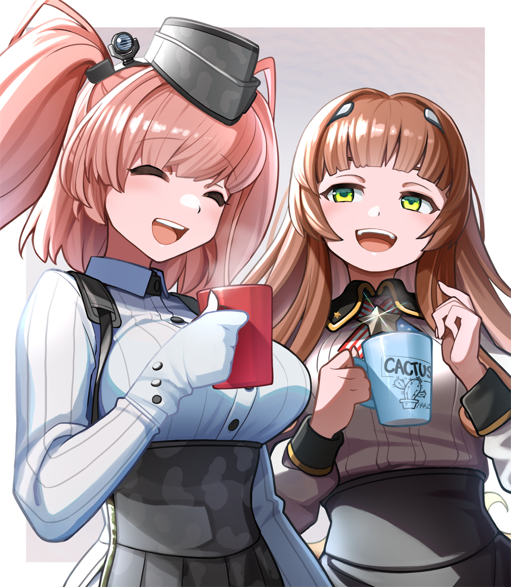 2girls american_flag american_flag_print atlanta_(kancolle) blunt_bangs breasts brown_hair camouflage cup flag_print gloves green_eyes grey_headwear helena_(kancolle) high-waist_skirt highres holding holding_cup kantai_collection large_breasts long_hair long_sleeves medium_breasts mizoki_kei multiple_girls open_mouth puffy_long_sleeves puffy_sleeves shirt skirt smile teeth two_side_up upper_body upper_teeth_only white_gloves white_shirt