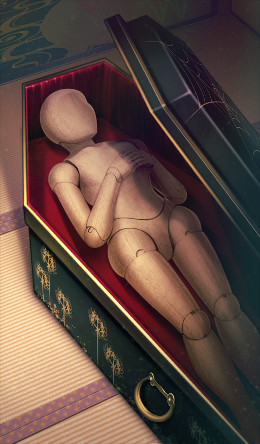 1other chocolate_river_no_sono_saki_ni coffin commentary_request doll doll_joints faceless fate/grand_order fate_(series) flower hayosena in_container joints light_particles lying object_focus official_art on_back own_hands_together silk spider_lily spider_web tatami third-party_source