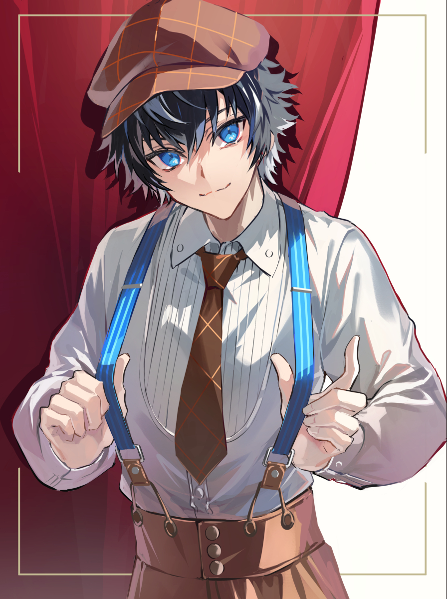 1boy black_hair blue_eyes brown_necktie cabbie_hat charlemagne_(disguise_costume)_(fate) charlemagne_(fate) fate/grand_order fate_(series) hat highres male_focus necktie poppoman shirt smile suspenders suspenders_pull white_shirt