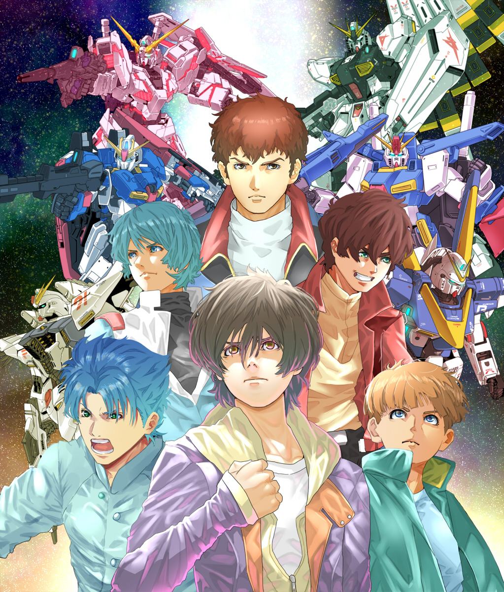 6+boys amuro_ray banagher_links beam_rifle blue_eyes blue_hair brown_eyes brown_hair char&#039;s_counterattack commentary_request energy_gun f91_gundam glowing glowing_eyes green_eyes grin gundam gundam_f91 gundam_unicorn gundam_zz hand_on_own_chest highres jacket judau_ashta kamille_bidan light_brown_hair looking_away male_focus mecha multiple_boys nt-d nu_gundam open_mouth puu_maru robot seabook_arno serious shield smile unicorn_gundam uso_ewin v2_gundam victory_gundam weapon zeta_gundam zeta_gundam_(mobile_suit) zz_gundam