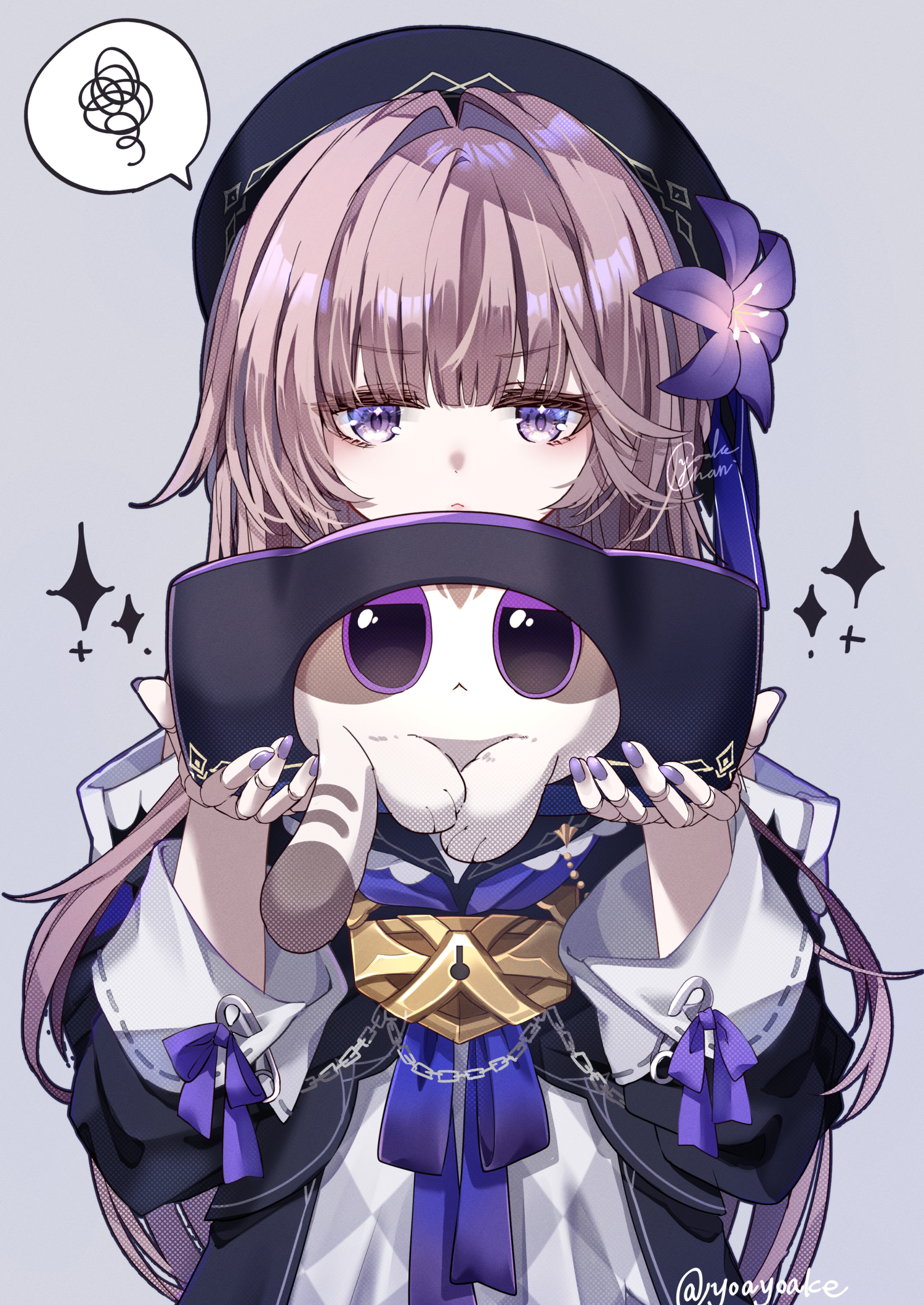 1girl :< animal beret black_hat chain critter_pick_(honkai:_star_rail) dress fingernails flower grey_hair hair_flower hair_intakes hair_ornament hands_up hat herta_(honkai:_star_rail) herta_(wisteria_cake)_(honkai:_star_rail) highres holding holding_animal honkai:_star_rail honkai_(series) lock long_fingernails long_hair nail_polish padlock purple_eyes purple_nails purple_ribbon ribbon sign solo sparkle sparkling_aura spoken_squiggle squiggle twitter_username upper_body yoake_(yoakey)