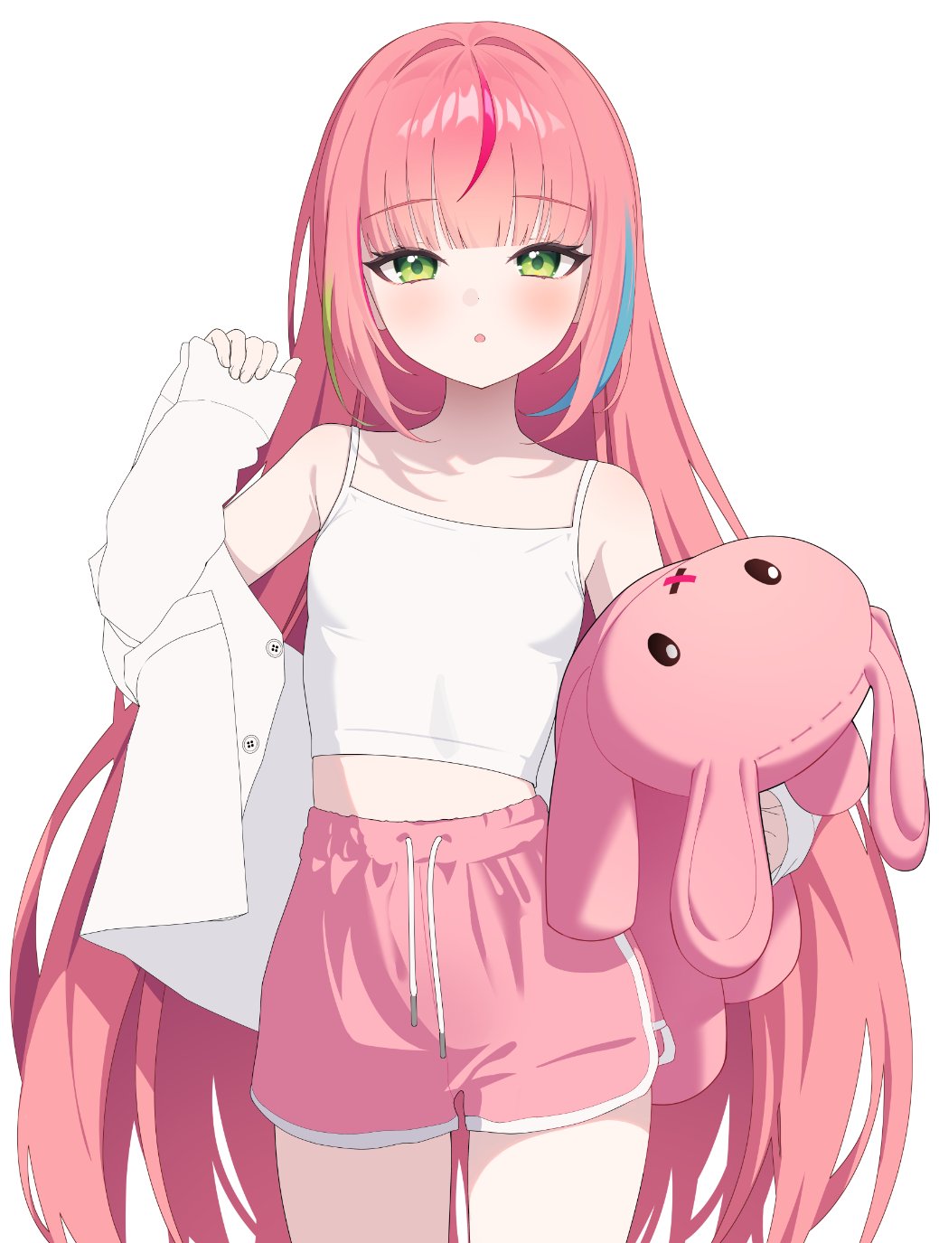 1girl blue_hair blue_streaks camisole dolphin_shorts drawstring flat_chest green_eyes hanako_nana highres holding holding_stuffed_toy long_hair looking_at_viewer midriff multicolored_hair off_shoulder open_mouth pink_hair pink_shorts shirt shorts simple_background sleeves_past_wrists solo stellive streaked_hair stuffed_animal stuffed_rabbit stuffed_toy the_cold very_long_hair virtual_youtuber white_background white_camisole white_shirt