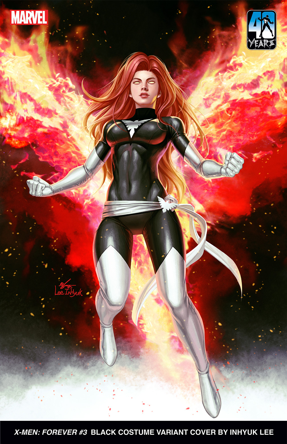 1girl alternate_color black_bodysuit bodysuit boots breasts clenched_hands elbow_gloves english_text fire gloves glowing glowing_eyes highres in-hyuk_lee jean_grey large_breasts logo long_hair marvel phoenix_(x-men) red_hair sash solo thigh_boots waist_sash white_boots white_gloves white_sash x-men yellow_eyes