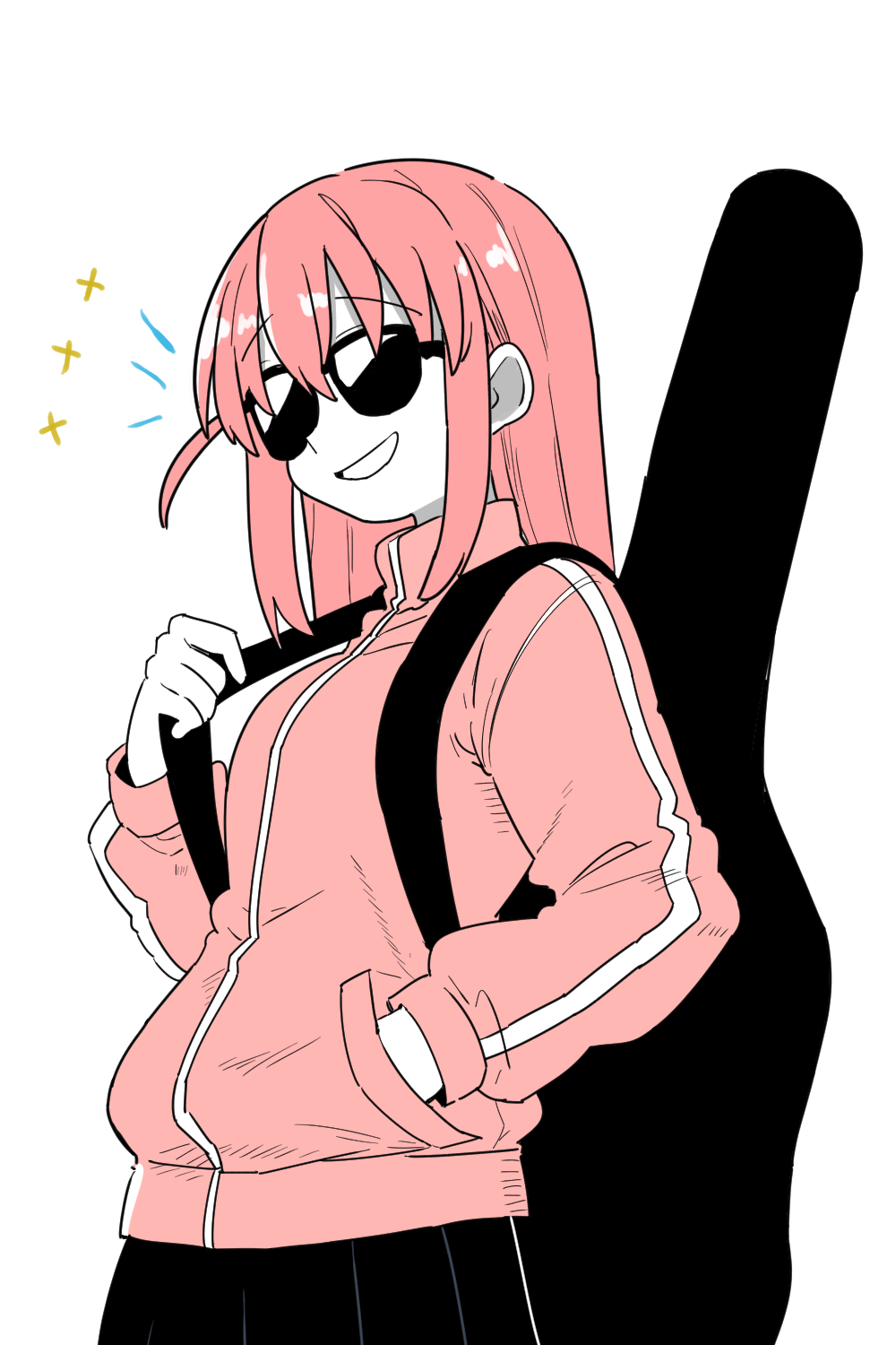1girl black_skirt bocchi_the_rock! bollzzalguy gotoh_hitori guitar_case highres instrument_case jacket long_hair pink_hair pink_jacket pink_track_suit simple_background skirt smile solo sunglasses track_jacket track_suit white_background