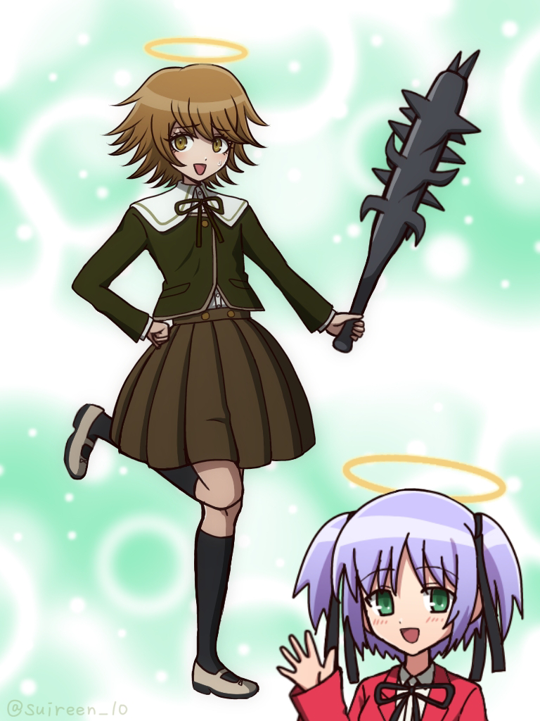 1boy 1girl :d black_socks bokusatsu_tenshi_dokuro-chan brown_eyes brown_footwear brown_hair brown_skirt club club_(weapon) danganronpa:_trigger_happy_havoc danganronpa_(series) dress_shirt fujisaki_chihiro gradient_background green_background green_jacket green_ribbon halo holding holding_club holding_weapon jacket kneehighs long_sleeves miniskirt mitsukai_dokuro neck_ribbon open_mouth pleated_skirt ribbon shirt shoes short_hair skirt smile socks spiked_club standing standing_on_one_leg string_bowtie suiren_yurei trap twintails twitter_username waving_hand weapon white_background white_shirt