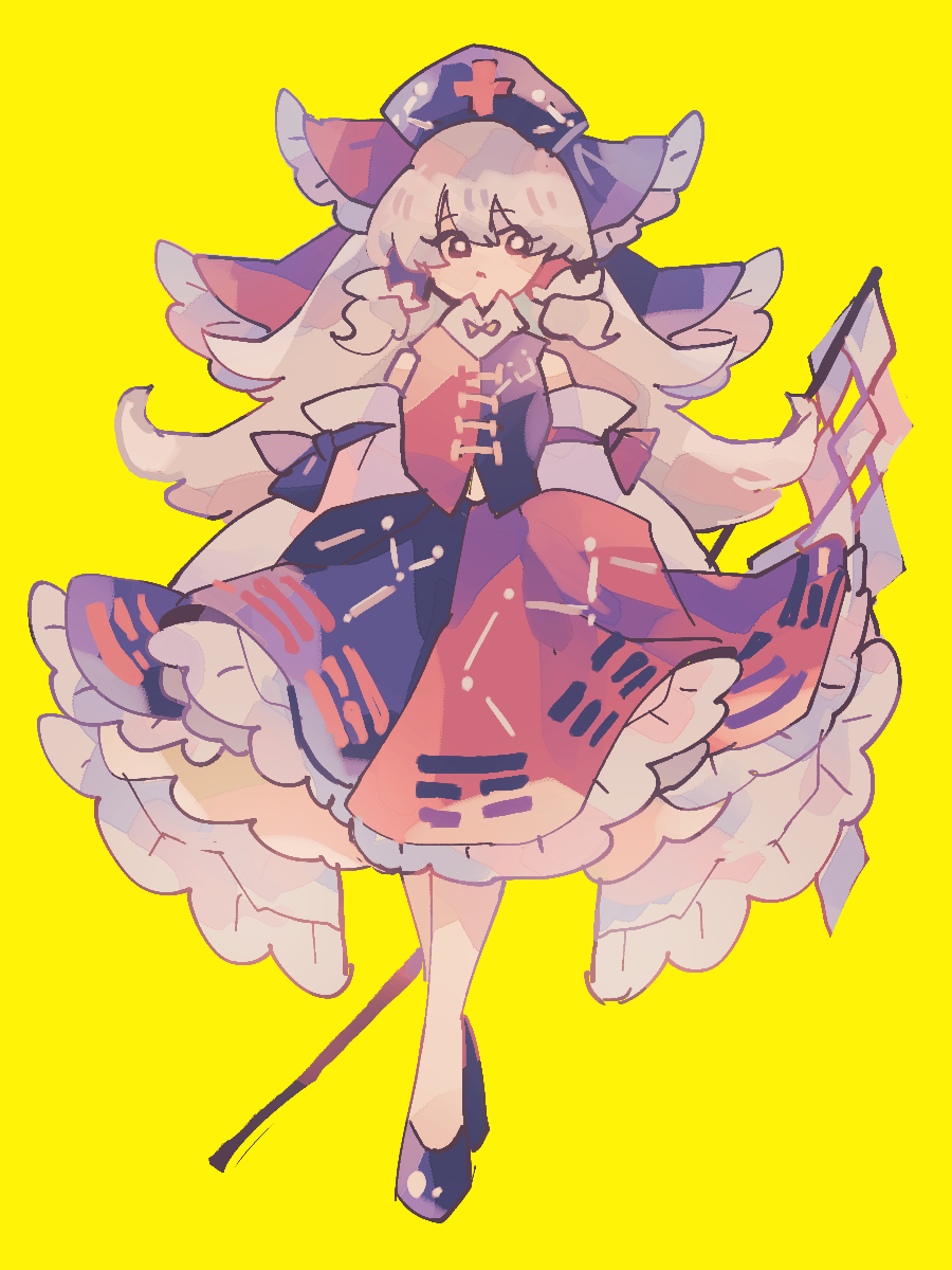 1girl adapted_costume bow commentary_request constellation_print cross detached_sleeves frilled_bow frills fusion gohei grey_hair hair_bow hakurei_reimu hat highres long_hair looking_at_viewer multicolored_skirt nurse_cap purple_bow purple_hat purple_skirt ratto_(mobilis_1870) red_bow red_cross red_skirt shoes simple_background skirt solo touhou very_long_hair yagokoro_eirin yellow_background