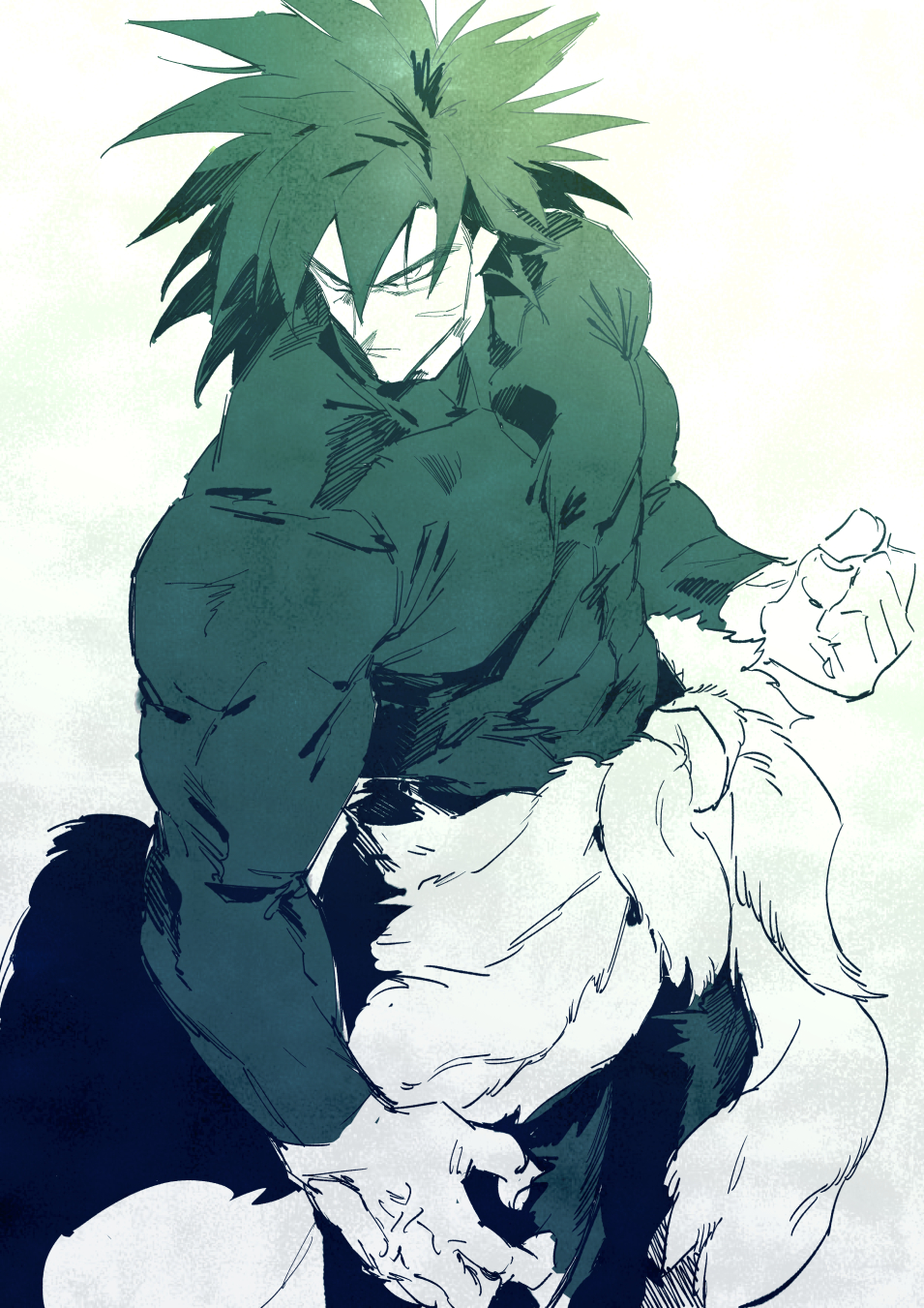 1boy black_hair black_sweater broly_(dragon_ball_super) clenched_hand dragon_ball dragon_ball_super highres looking_away medium_hair muscular muscular_male shin_(sinsin12121) solo spiked_hair sweater turtleneck turtleneck_sweater veins veiny_hands