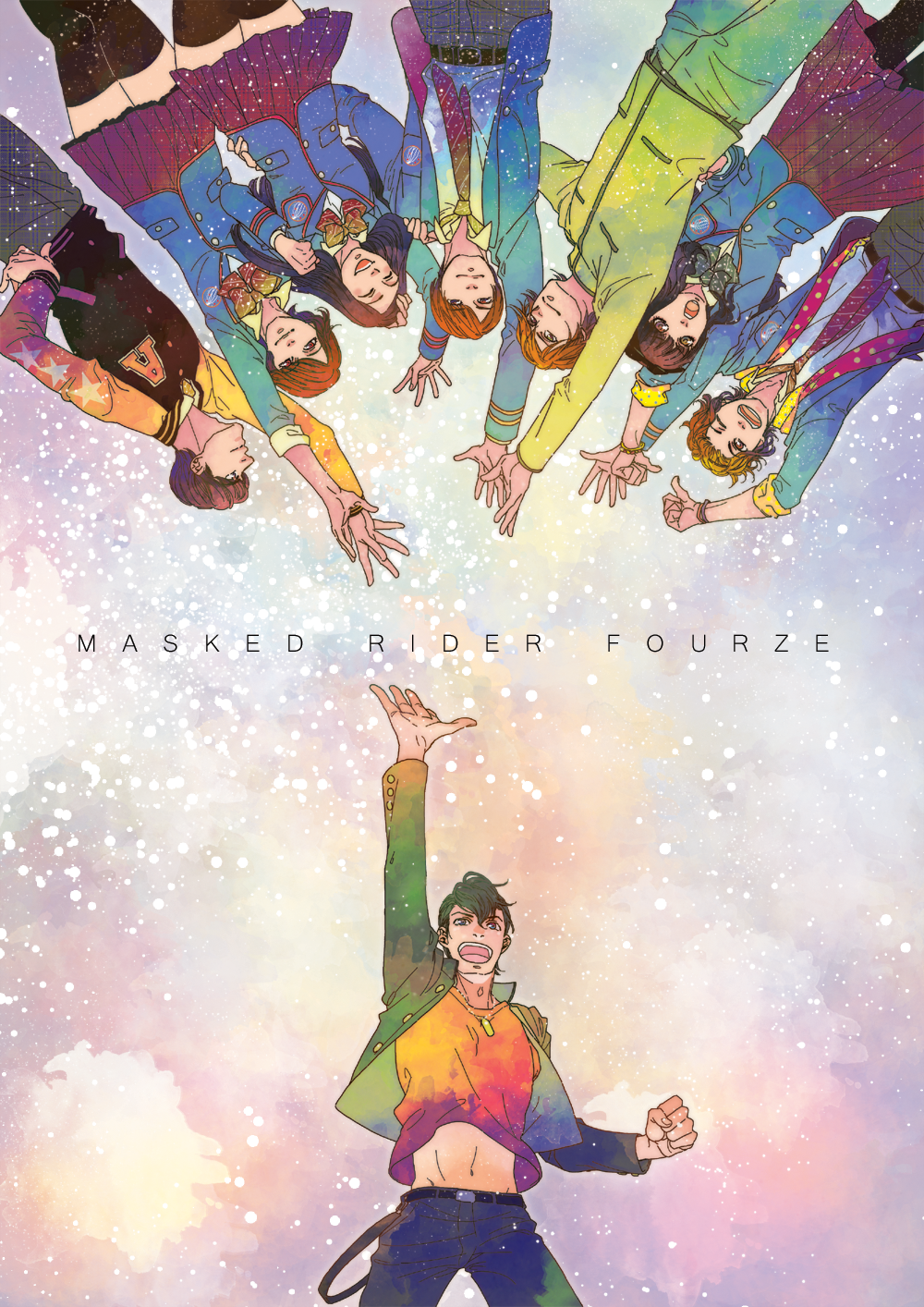 3girls 5boys ^_^ arm_up bad_id bad_pixiv_id belt black_hair bow brown_hair closed_eyes copyright_name daimonji_shun dot_(artist) closed_eyes hand_on_head hand_on_own_hip highres jewelry jk_(kamen_rider_fourze) joujima_yuuki kamen_rider kamen_rider_fourze_(series) kazashiro_miu kisaragi_gentarou long_hair multiple_boys multiple_girls navel necklace necktie nozama_tomoko one_eye_closed open_mouth sakuta_ryuusei school_uniform short_hair skirt sleeves_rolled_up smile utahoshi_kengo wink wristband