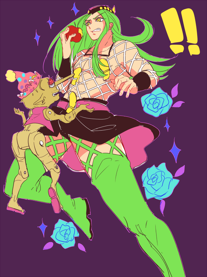 2boys apple bad_id bad_pixiv_id blue_flower blue_rose fishnets flower food fruit hat jojo_no_kimyou_na_bouken long_hair multiple_boys narciso_anasui pinocchio_(disney_character) rose sparkle tsunakan