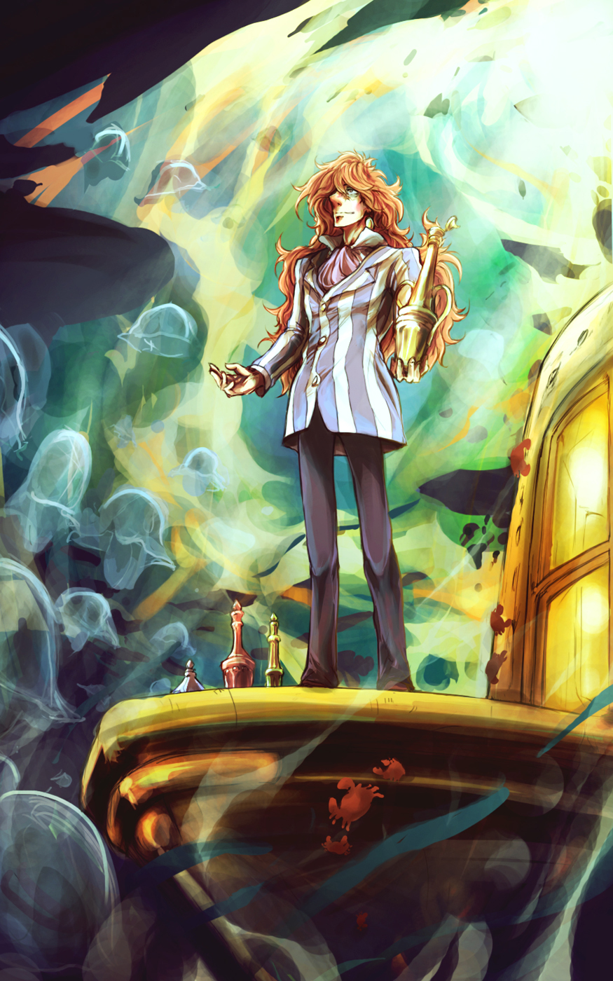 00s 1boy bad_id bad_pixiv_id boat bottle brown_hair crab ascot eyeshadow formal_clothes fujimoto gake_no_ue_no_ponyo highres jellyfish kurkoboltsi long_hair looking_up makeup male_focus solo standing striped studio_ghibli suit underwater watercraft
