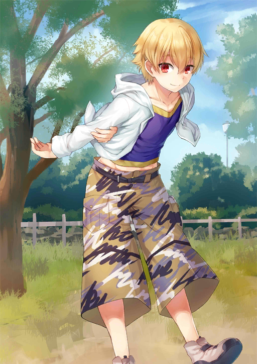 1boy blonde_hair child child_gilgamesh_(fate) collarbone fate/grand_order fate/hollow_ataraxia fate_(series) gilgamesh_(fate) jacket looking_at_viewer male_focus official_art open_clothes open_jacket outdoors red_eyes short_hair solo tenkuu_sphere tree white_jacket