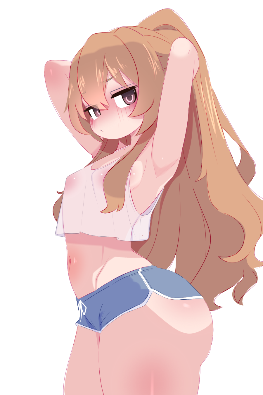 1girl aisaka_taiga angry arms_behind_head arms_up blue_shorts blush breasts brown_eyes brown_hair collarbone covered_erect_nipples crop_top kukuchi581 loli long_hair looking_at_viewer midriff navel shirt short_shorts shorts sidelocks sleeveless sleeveless_shirt small_breasts standing thick_thighs thighs toradora! white_background white_shirt wide_hips