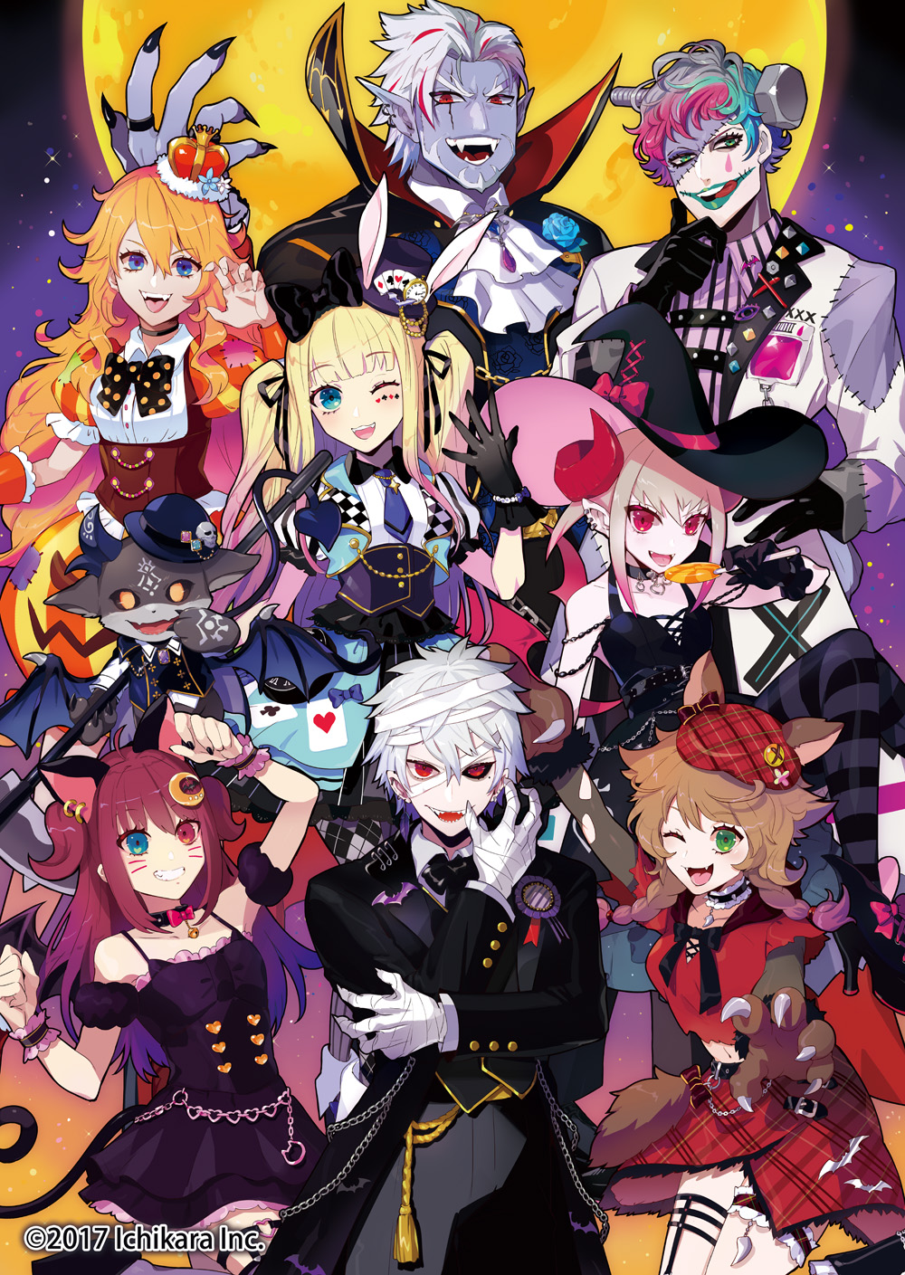 1other 3boys 5girls blonde_hair blue_eyes blue_necktie brown_eyes crown debidebi_debiru fang fangs gilzaren_iii halloween halloween_costume hat heterochromia highres hime_cut joe_rikiichi kuzuha_(nijisanji) makaino_ririmu mononobe_alice multiple_boys multiple_girls necktie nijisanji one_eye_closed orange_hair otogibara_era puppeteer7777 twintails vampire virtual_youtuber warabeda_meiji white_hair witch witch_hat yuzuki_roa