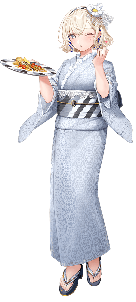 1girl alternate_costume blonde_hair blue_kimono commentary_request fish floral_print flower frilled_kimono frills full_body geta gloire_(kancolle) gloire_kai_(kancolle) gloire_kai_(saury_festival)_(kancolle) grey_eyes hair_flower hair_ornament hairband hoshiakari_(c2_kikan) japanese_clothes kantai_collection kimono official_alternate_costume official_art one_eye_closed plate saury short_hair solo standing striped_clothes striped_hairband striped_sash transparent_background