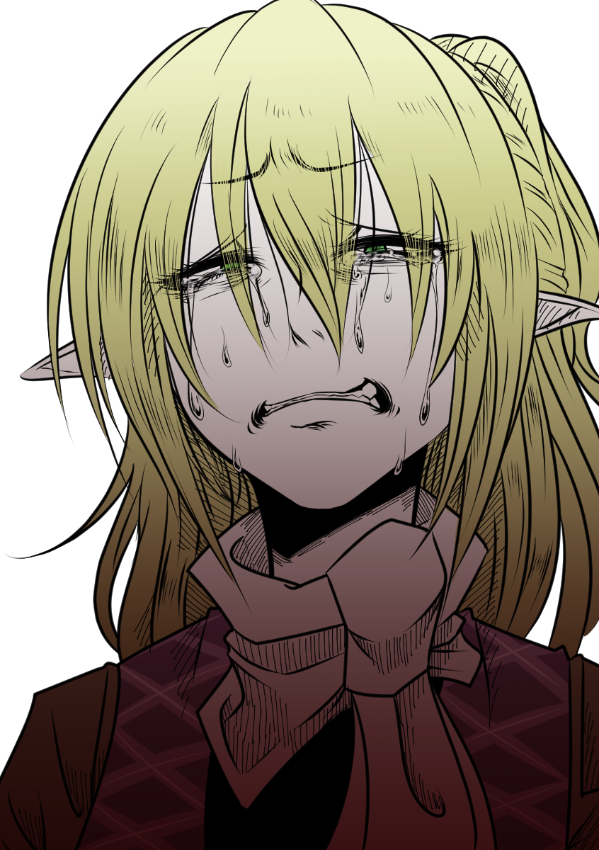 1girl bags_under_eyes blonde_hair brown_shirt clenched_teeth commentary_request crying crying_with_eyes_open green_eyes high_ponytail highres mizuhashi_parsee pointy_ears ponytail scarf sei_no_ji shirt short_hair simple_background solo tears teeth textless_version touhou upper_body white_background white_scarf