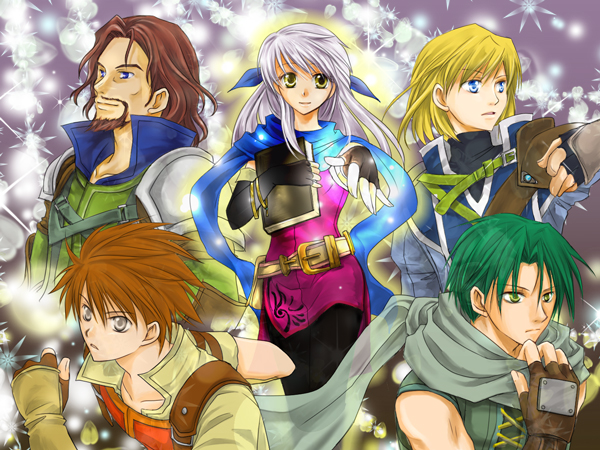 1girl 4boys armor bangle bare_shoulders beard black_gloves black_pantyhose blonde_hair blue_eyes blue_scarf book bracelet brown_hair coat dress edward_(fire_emblem) elbow_gloves facial_hair fingerless_gloves fire_emblem fire_emblem:_radiant_dawn gloves green_eyes green_hair grey_eyes hair_ribbon half_updo holding holding_book hugging_book hugging_object jewelry leonardo_(fire_emblem) long_hair micaiah_(fire_emblem) multiple_boys nintendo nolan_(fire_emblem) osakabe_yanagi pantyhose ribbon scarf side_slit silver_hair sleeveless sleeveless_dress smile solo_focus sothe_(fire_emblem) yellow_eyes