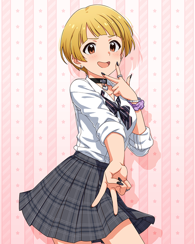 1girl anime_coloring bangle black_bow black_bowtie black_choker black_nails blonde_hair blunt_bangs blush bow bowtie bracelet breasts card_(medium) choker collarbone collared_shirt concept_gyarus_(idolmaster) cowboy_shot diagonal-striped_bow diagonal-striped_bowtie diagonal-striped_clothes dot_nose ear_piercing fukuda_noriko grey_skirt gyaru gyaru_v hand_up heart heart_choker idolmaster idolmaster_million_live! idolmaster_million_live!_theater_days inward_w jewelry long_hair looking_at_viewer loose_bowtie medium_breasts official_alternate_costume official_art open_collar open_mouth piercing pink_background plaid_clothes plaid_skirt pleated_skirt purple_scrunchie school_uniform scrunchie shirt short_hair sidelocks silver_bangle silver_bracelet silver_ring skirt sleeves_rolled_up solo star_(symbol) striped_bow striped_bowtie striped_clothes v very_long_hair w white_shirt wrist_scrunchie