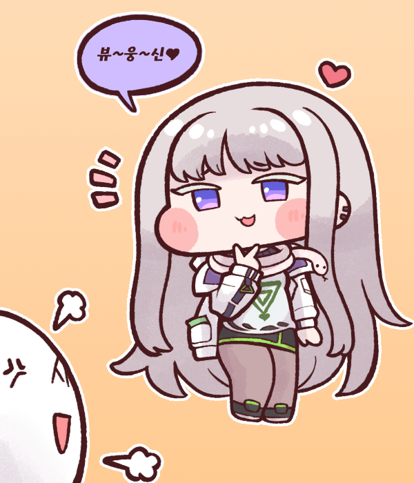 1boy 1girl :3 anger_vein blush_stickers bulga cheona_(last_origin) chibi colored_eyelashes commander_(last_origin) heart last_origin long_hair purple_eyes silver_hair simple_background snake v very_long_hair yellow_background