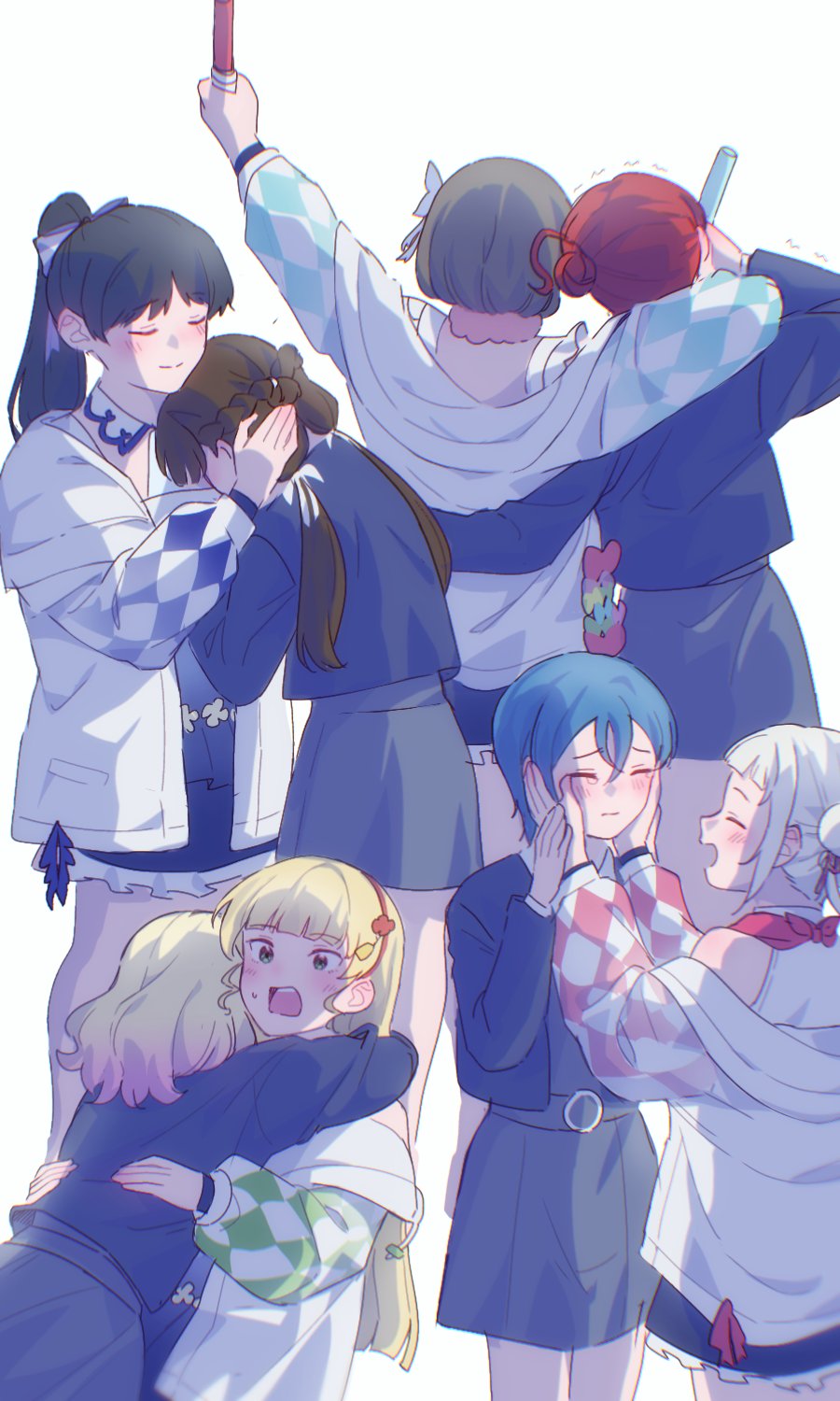 6+girls arashi_chisato argyle_clothes argyle_sleeves arm_around_neck arm_up black_hair blonde_hair blue_dress blue_hair blue_jacket blue_sleeves blunt_bangs blush braid brown_hair closed_eyes commentary crying double_bun dress frilled_dress frills glowstick green_eyes grey_dress grey_hair hair_bun hair_ribbon hairband hajimari_wa_kimi_no_sora half_up_braid hand_on_another&#039;s_shoulder hands_on_another&#039;s_back hands_on_another&#039;s_cheeks hands_on_another&#039;s_face hashtag-only_commentary hazuki_ren heanna_sumire highres holding holding_glowstick hug jacket long_sleeves love_live! love_live!_superstar!! multiple_girls off_shoulder onitsuka_natsumi open_clothes open_jacket open_mouth penlight_(glowstick) pink_ribbon pleated_dress ponytail profile puffy_long_sleeves puffy_sleeves red_hair red_hairband ribbon sakurakoji_kinako school_uniform short_dress short_hair_with_long_locks sidelocks simple_background single_side_bun sleeveless sleeveless_dress sweatdrop tang_keke teeth trembling upper_teeth_only wakana_shiki white_background white_jacket yoneme_mei yuigaoka_school_uniform yumayu