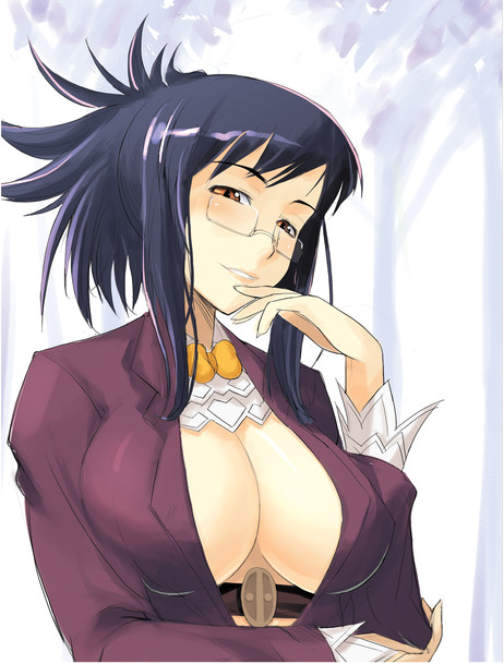 00s 1girl breasts cleavage demonbane female_focus glasses huge_breasts large_breasts lips nose nya_(demonbane) open_clothes open_shirt portrait shirt solo white_background