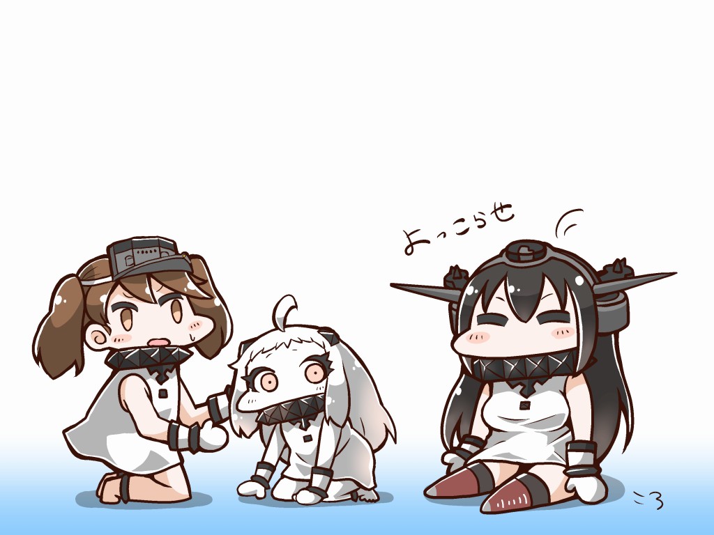 3girls abyssal_ship ahoge alternate_costume bare_shoulders black_hair breasts brown_eyes brown_hair colored_skin cosplay dress closed_eyes hat horns kantai_collection long_hair mittens multiple_girls nagato_(kancolle) northern_ocean_hime_(cosplay) northern_ocean_princess open_mouth pale_skin red_eyes ryuujou_(kancolle) sitting sleeveless sleeveless_dress tanaka_kusao visor_cap white_dress white_hair white_skin