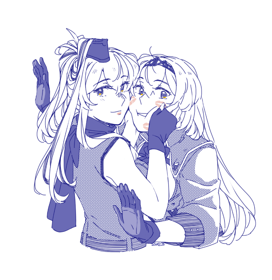 2girls fingerless_gloves gloves hair_between_eyes hairband hands_on_another&#039;s_face high_side_ponytail kantai_collection long_hair looking_at_viewer military_uniform monochrome multiple_girls saratoga_(kancolle) side_ponytail sidelocks smokestack_hair_ornament solo tiara upper_body victorious_(kancolle) weidashming yuri