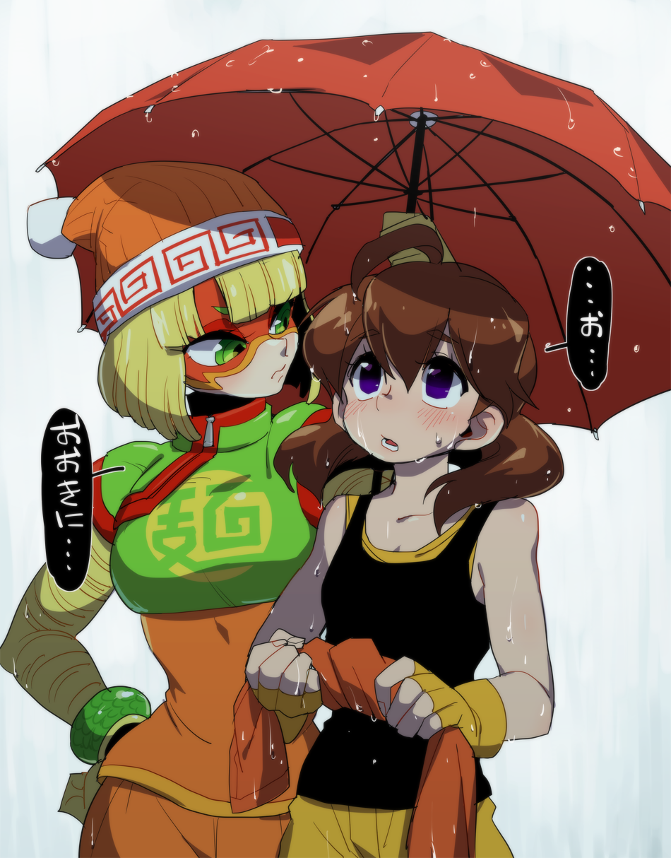 2girls ahoge arms_(game) beanie blonde_hair brown_hair domino_mask gloves hat highres holding holding_umbrella mask mechanica_(arms) min_min_(arms) multiple_girls nekobayashi_(nekoforest) purple_eyes rain ribbon_hair short_hair translated umbrella yuri