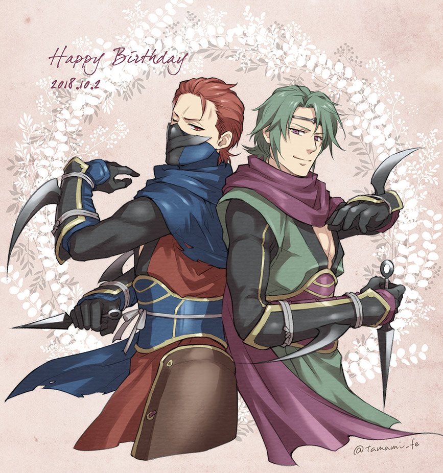 armor back-to-back brothers closed_mouth fire_emblem fire_emblem_fates green_hair holding holding_knife japanese_armor japanese_clothes kaze_(fire_emblem) knife looking_at_viewer ninja nintendo one_eye_closed red_eyes red_hair saizo_(fire_emblem) scar scar_across_eye scar_on_face siblings tamami_if