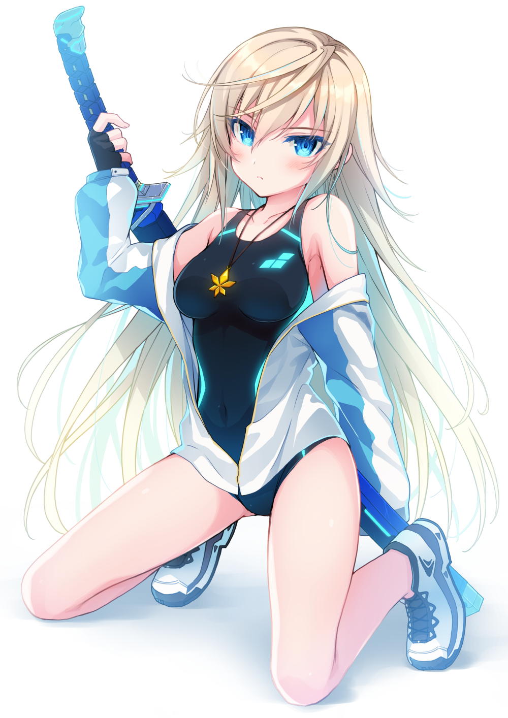 1girl bare_legs bare_shoulders black_gloves black_leotard blonde_hair blue_eyes breasts closed_mouth collarbone commission covered_navel fingerless_gloves gloves highres holding holding_sword holding_weapon jacket jewelry katana kneeling leotard long_hair looking_at_viewer medium_breasts necklace nikyuppa off_shoulder open_clothes open_jacket phantasy_star phantasy_star_online_2 shoes simple_background skeb_commission sneakers solo sword thighs very_long_hair weapon white_background white_jacket white_shoes