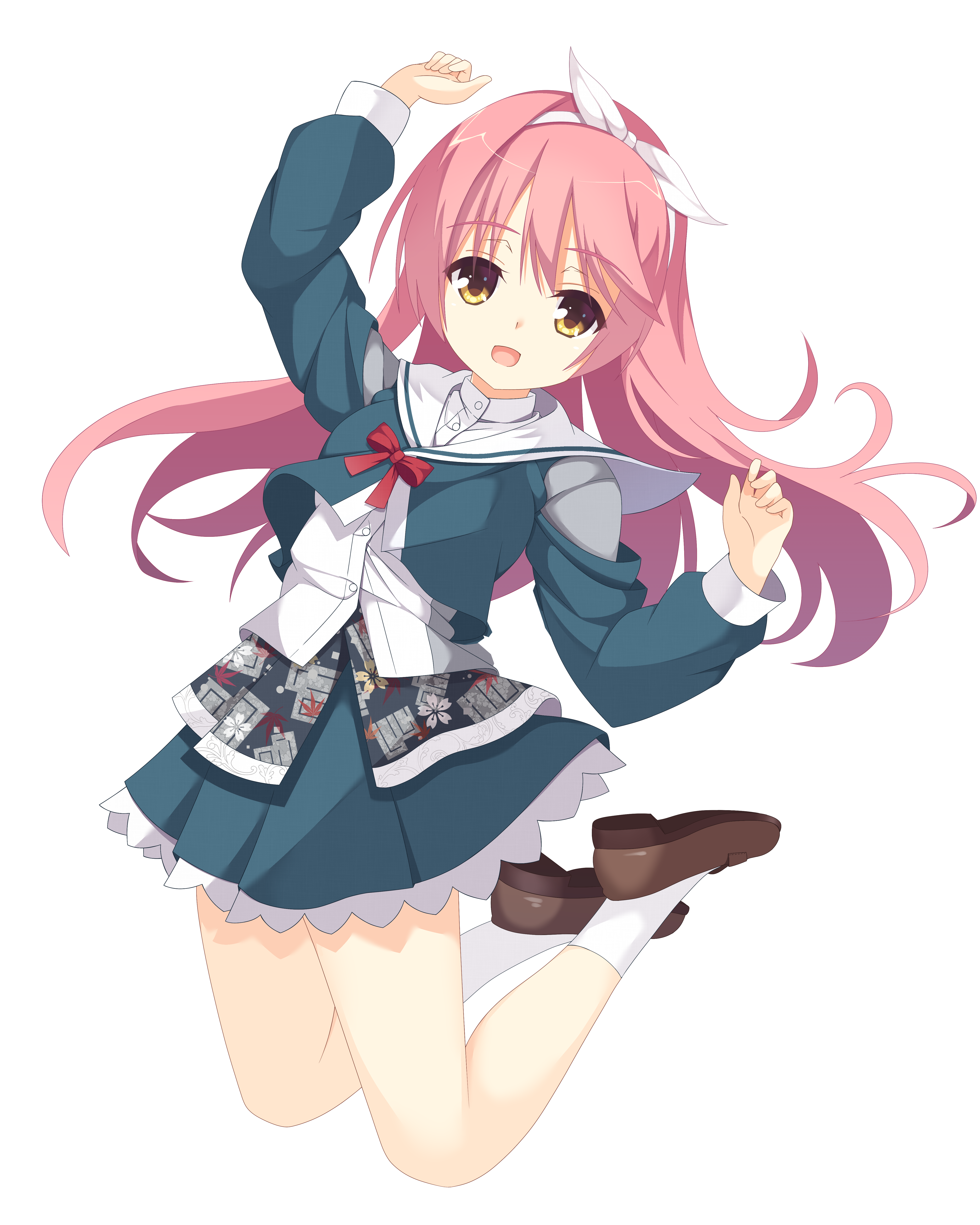 1girl :d absurdres bow brown_shoes commentary_request floating_hair green_jacket green_skirt hair_between_eyes hair_ribbon hands_up happy highres jacket jumping kaon_zz kurama_koharu loafers long_hair long_sleeves looking_at_viewer midair miniskirt official_alternate_costume official_alternate_hairstyle open_mouth pink_hair red_bow ribbon sailor_collar school_uniform senren_banka serafuku shirt shoes skirt smile socks solo very_long_hair white_ribbon white_sailor_collar white_shirt white_socks yellow_eyes