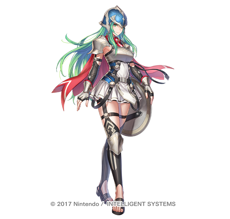 1girl anbe_yoshirou armor breastplate breasts cape capelet closed_mouth commentary_request elbow_gloves feet fingerless_gloves fire_emblem fire_emblem:_path_of_radiance fire_emblem:_radiant_dawn fire_emblem_heroes full_body gloves green_eyes green_hair helmet knee_pads lips long_hair looking_at_viewer medium_breasts nephenee_(fire_emblem) nephenee_(resplendent)_(fire_emblem) nintendo official_art pelvic_curtain sandals shield shoulder_armor skirt solo thigh_strap thighhighs toenails toes white_background zettai_ryouiki