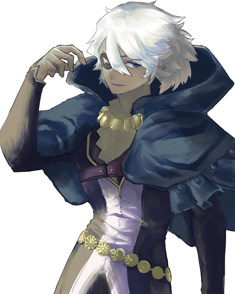 1boy belt blue_hood eyepatch fire_emblem fire_emblem_fates itiiti5go looking_to_the_side niles_(fire_emblem) nintendo solo upper_body white_hair