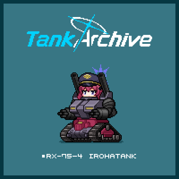 1girl aqua_background blue_archive character_name chibi commentary copyright_name grey_eyes gundam guntank hat iroha_(blue_archive) mobile_suit_gundam peaked_cap pixel_art red_hair redforge solo