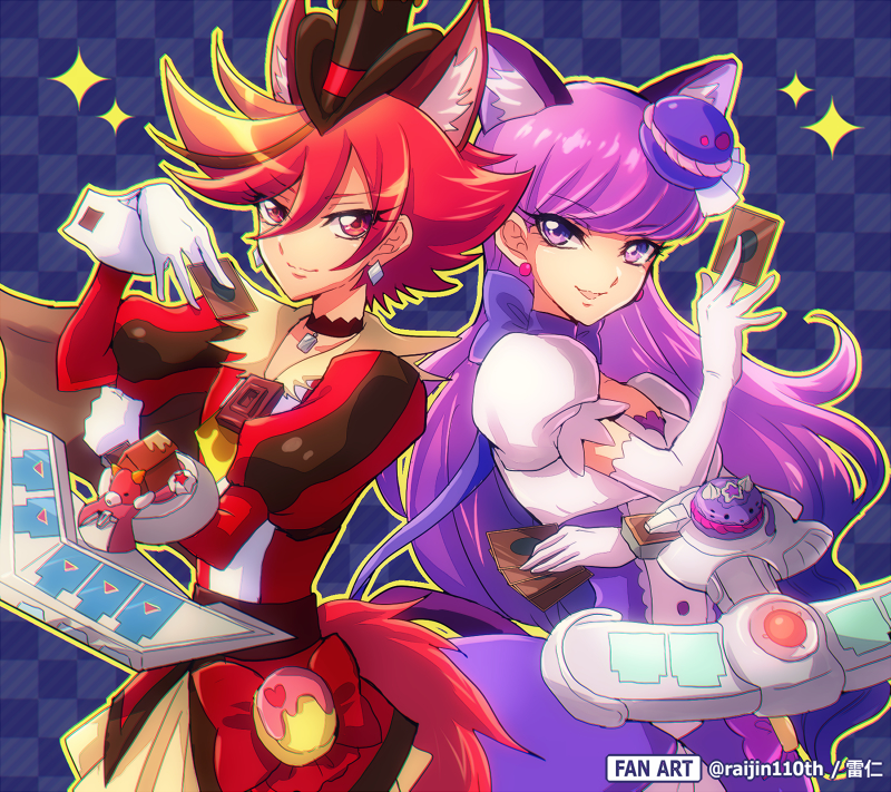 2girls animal_ear_fluff animal_ears card cat_ears choker commentary_request cure_chocolat cure_macaron dress duel_disk earrings extra_ears gloves grid_background hair_between_eyes holding holding_card jewelry kenjou_akira kirakira_precure_a_la_mode kotozume_yukari multiple_girls open_mouth precure puffy_short_sleeves puffy_sleeves purple_dress purple_hair raijin-bh red_dress red_hair short_hair short_sleeves sparkle upper_body white_gloves yu-gi-oh!